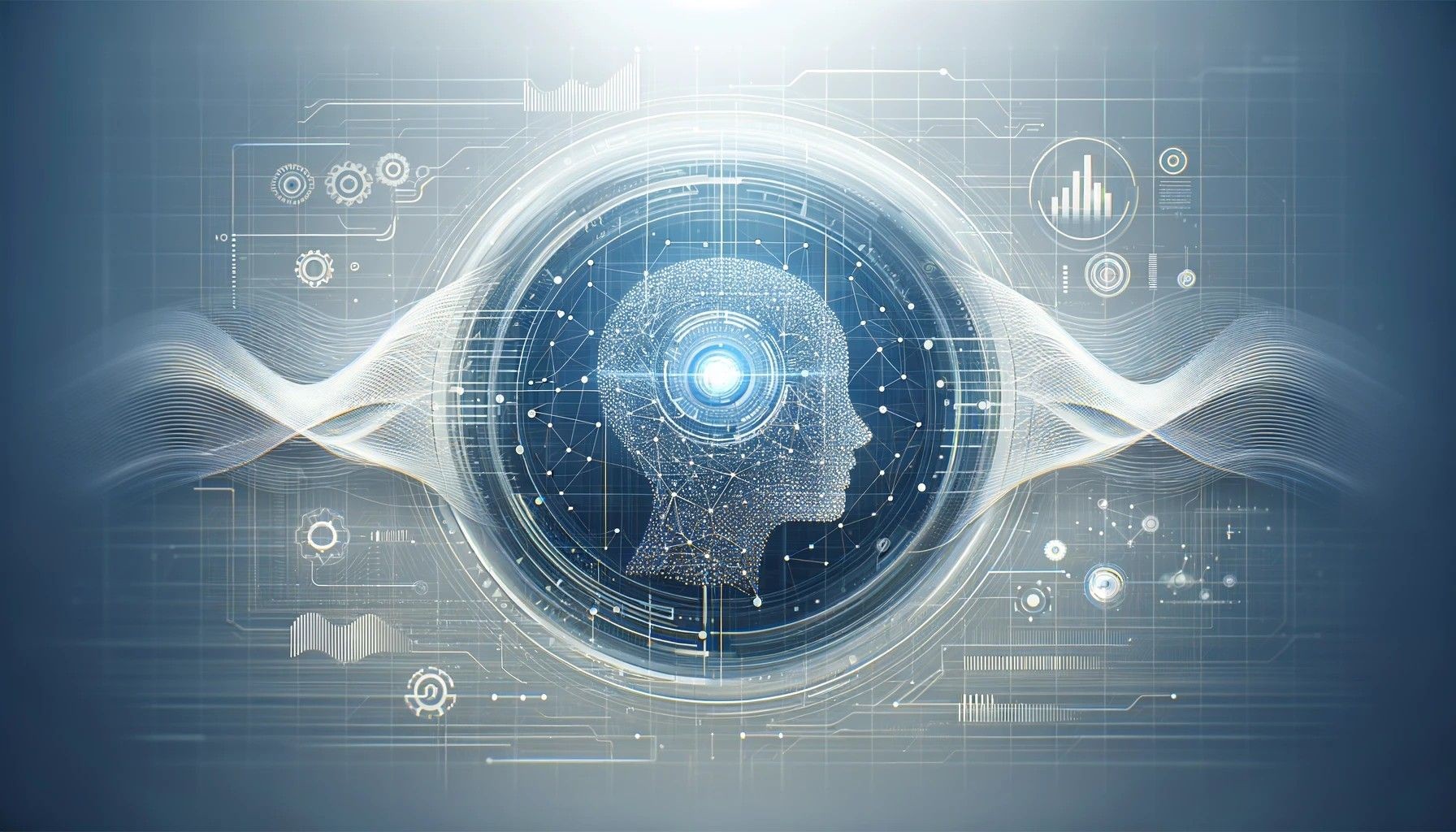 Digital illustration of a human head profile surrounded by technological graphics, representing artificial intelligence and networking.