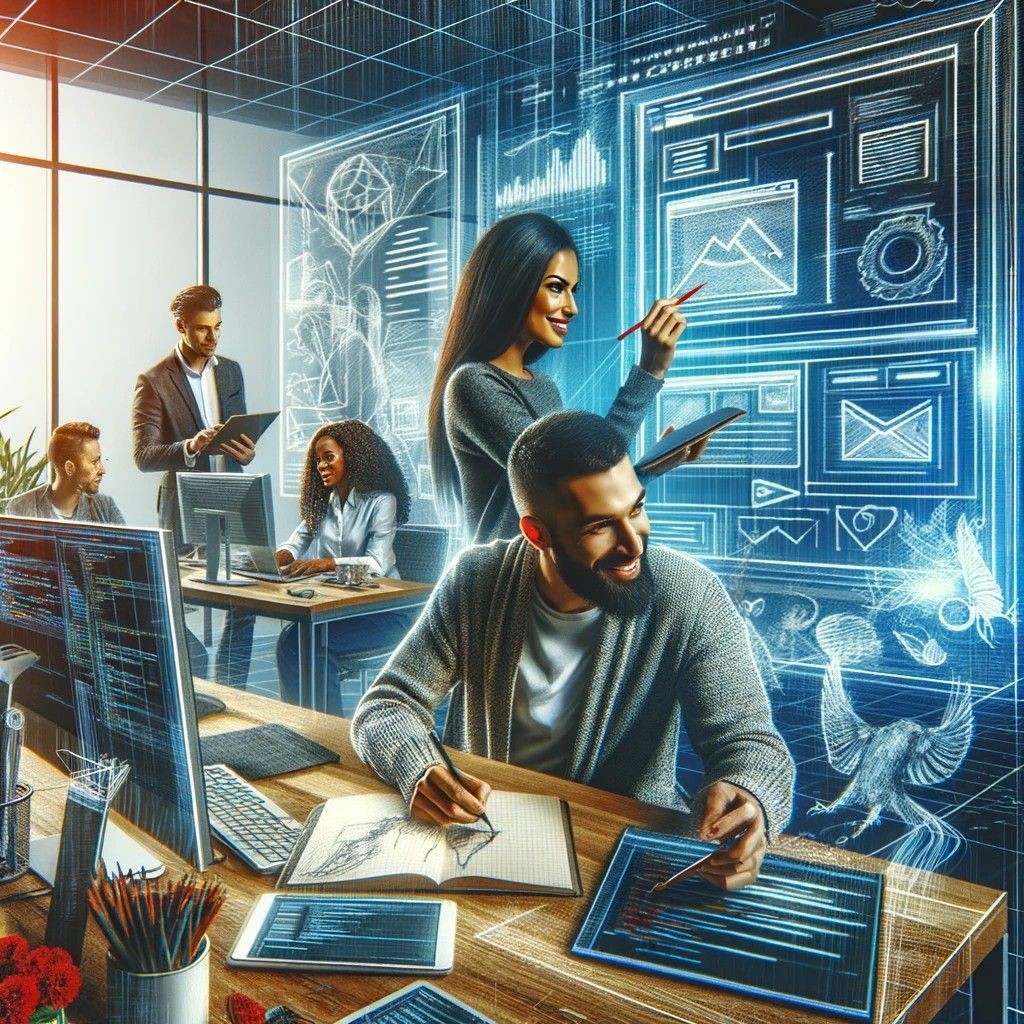 Team collaborating in a high-tech office with digital screens and holographic interfaces projected around them.