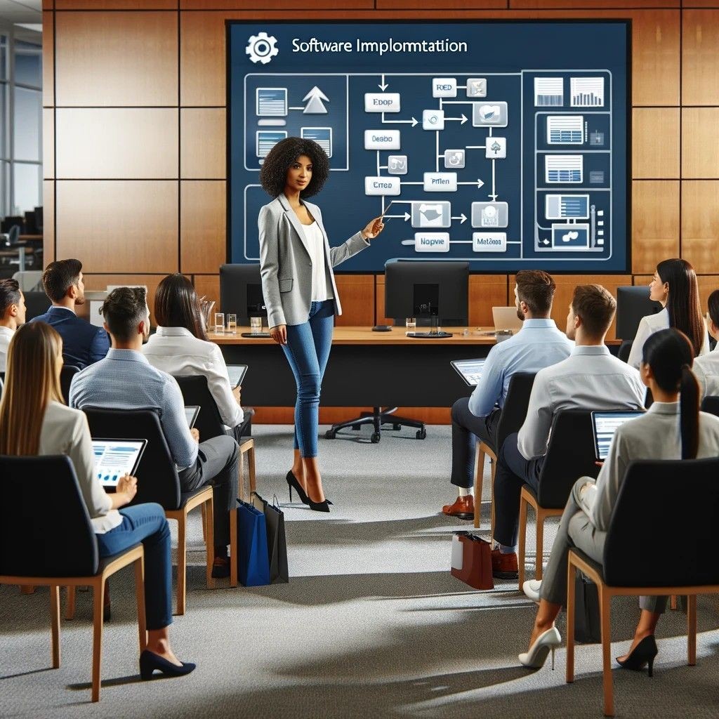 Woman presenting a software implementation flowchart to a group in a conference room using a large screen.