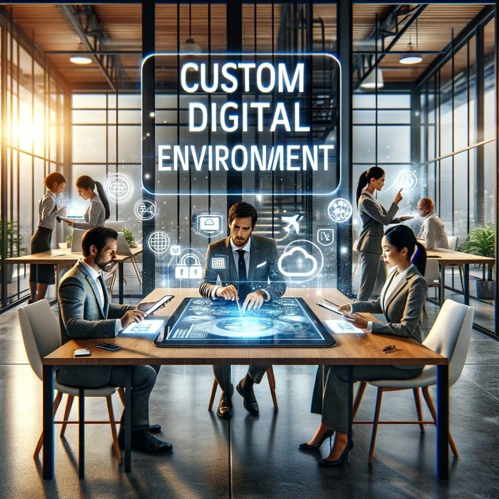 People in a modern office using digital interfaces, with 'Custom Digital Environment' displayed above.