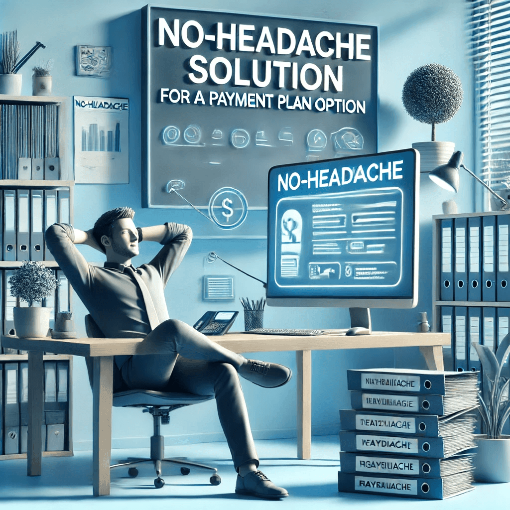 Man relaxing in an office with a computer screen displaying a no-headache payment plan solution.