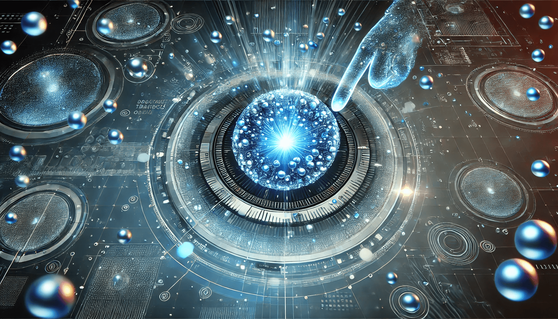 Futuristic digital illustration of a glowing orb surrounded by holographic circuits and blue spheres.