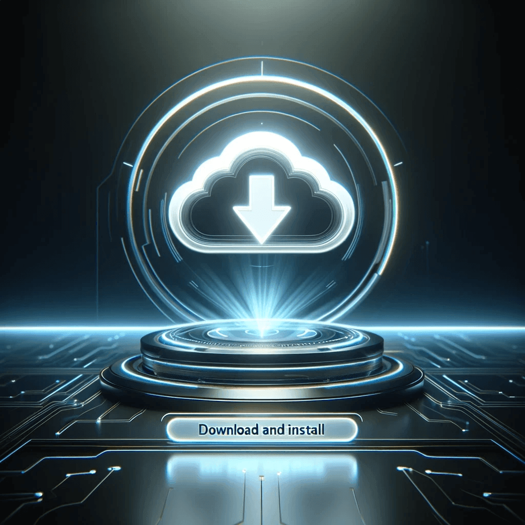 Futuristic download icon with glowing cloud and arrow on digital platform.