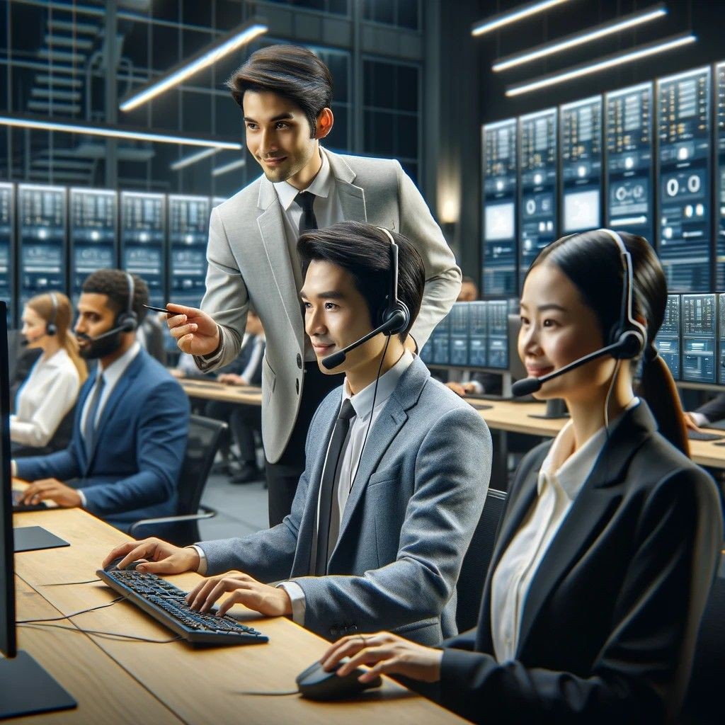 Office scene with professionals in headsets working on computers, displaying multiple data screens in the background.