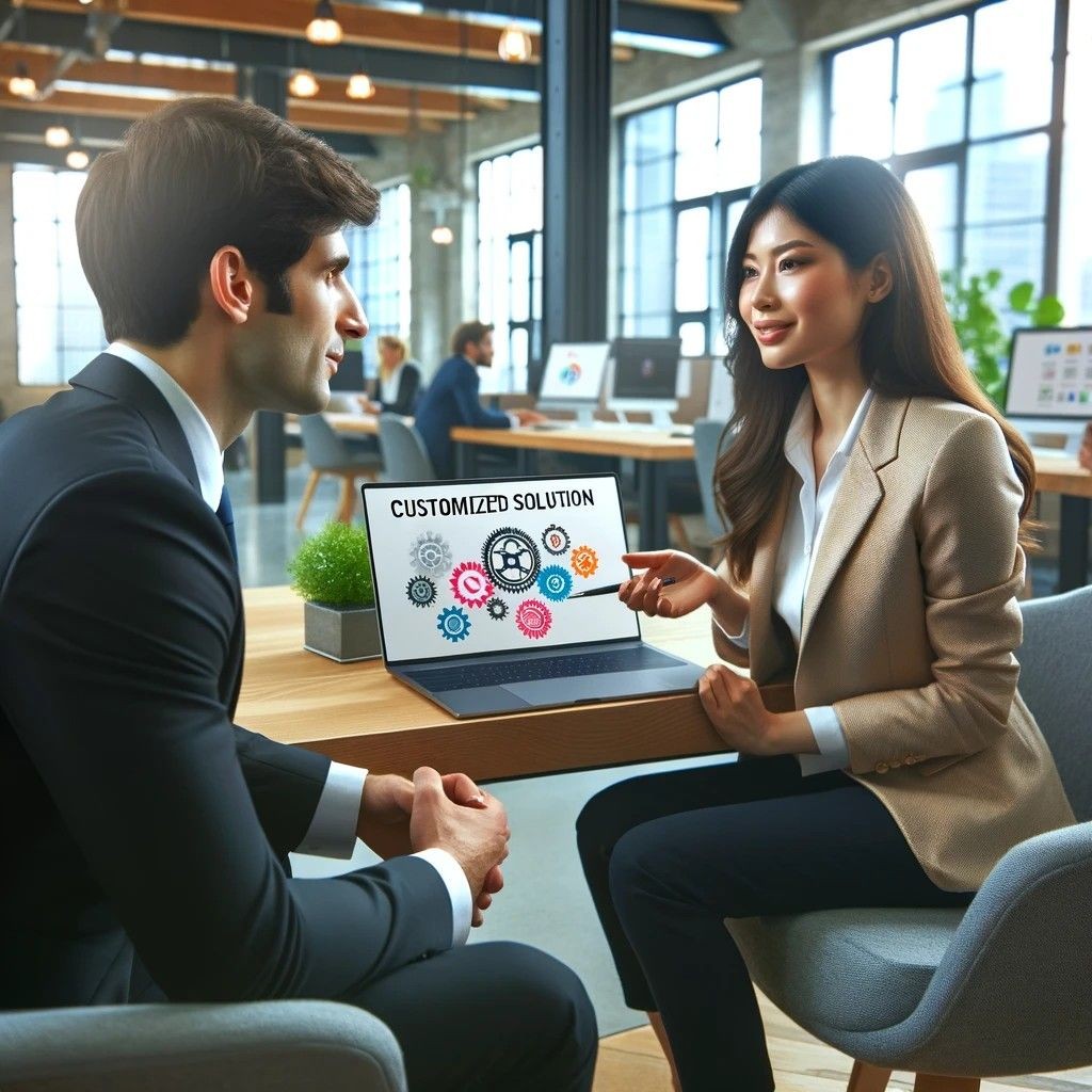 Professional woman presenting a customized solution on a laptop to a colleague in an office setting.